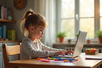 Jeune élève primaire utilisant un ordinateur pour devoirs à la maison