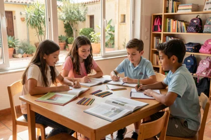 Élèves d'une école bilingue en Provence travaillant ensemble autour d'une table avec des manuels scolaires bilingues