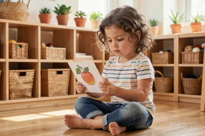 Petite fille concentrée tenant une carte illustrée Montessori dans une salle de classe en bois naturel