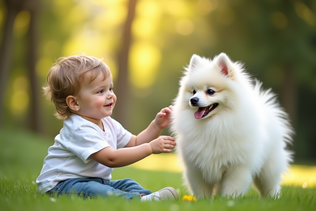 Enfant souriant caressant un pomeranian dans le jardin ensoleille