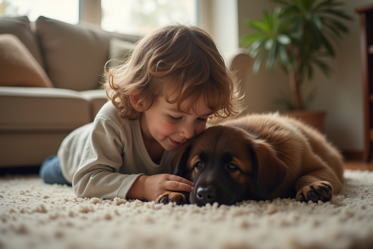 Un enfant caressant un chiot Newfoundland dans le salon