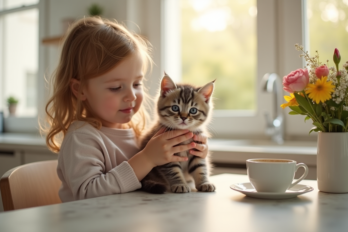 Enfant tenant un chaton British Shorthair dans la cuisine lumineuse