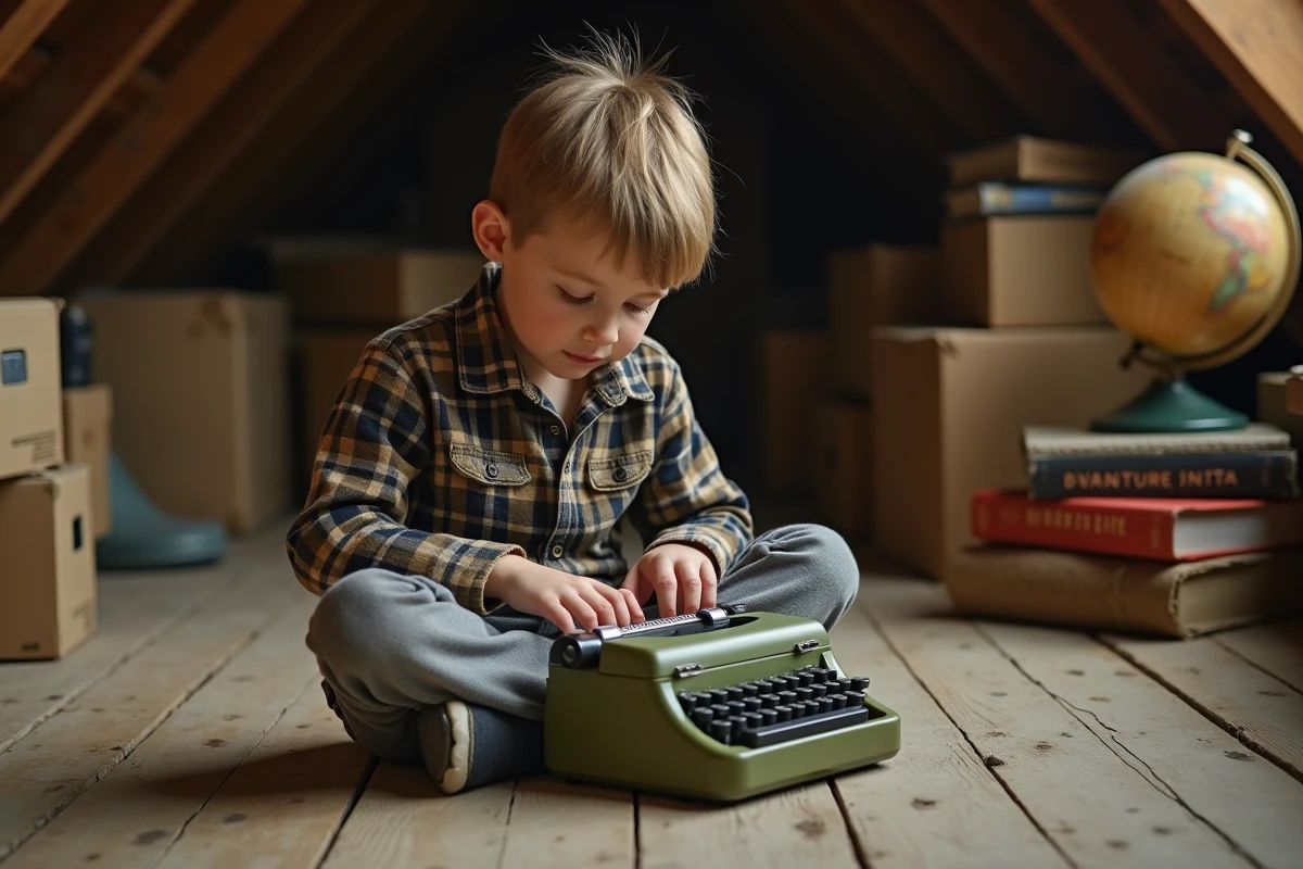 Garçon tapant sur une machine à écrire jouet verte dans un grenier vintage entouré de vieux livres d'aventure