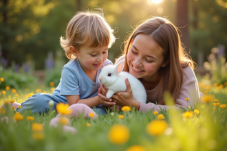 Enfant et parent dans un jardin ensoleille avec lapin angora