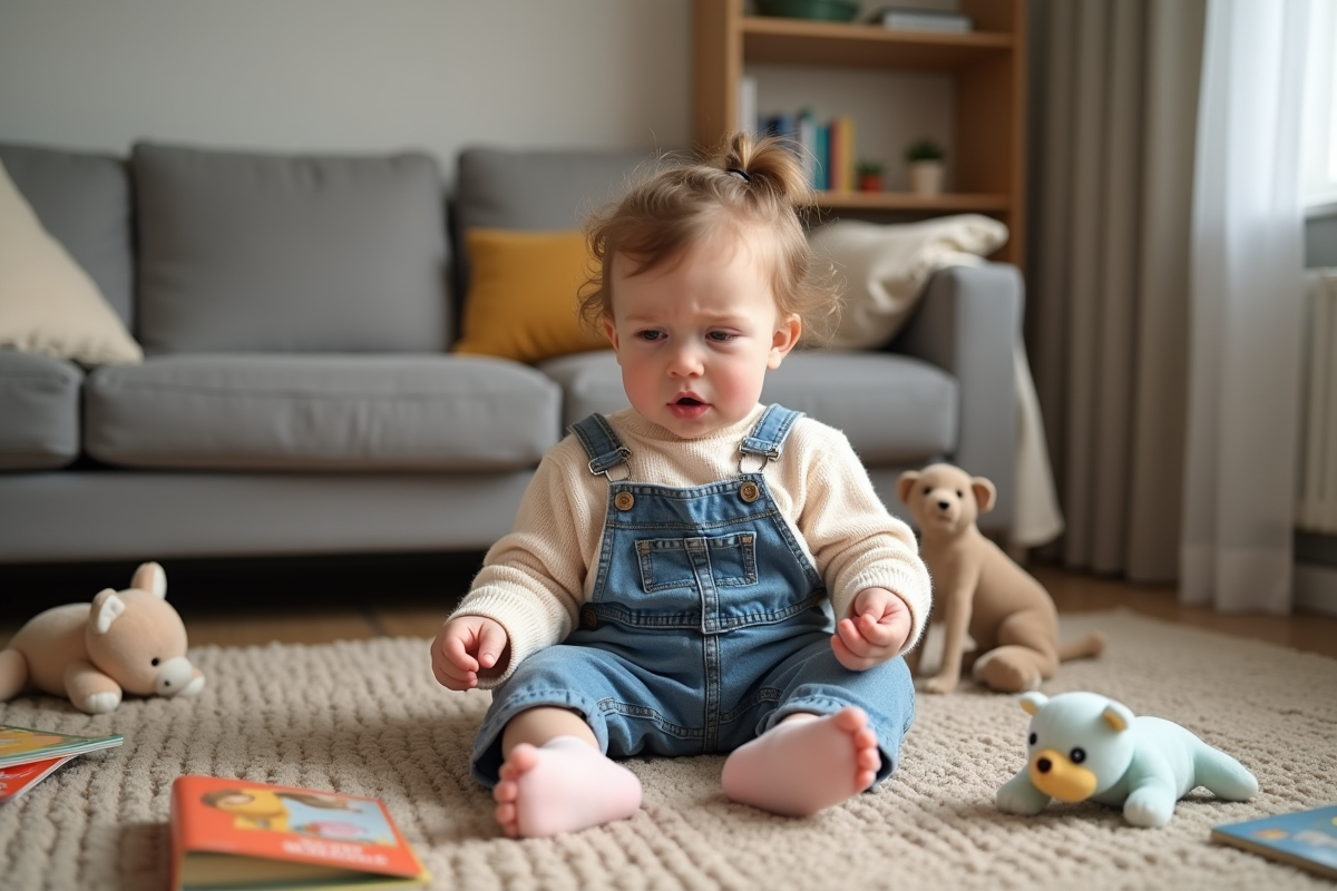 Petite fille en pastel et jean pleurant sur un tapis