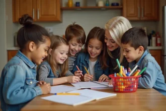 Enfants d école primaire vérifiant leur liste de fournitures