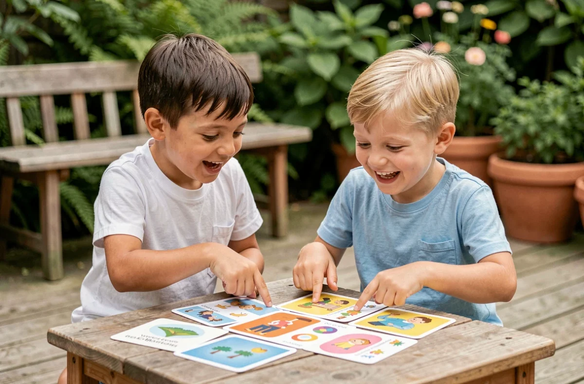 Deux enfants qui comparent des cartes Montessori illustrées ensemble sur une terrasse en bois entourée de verdure