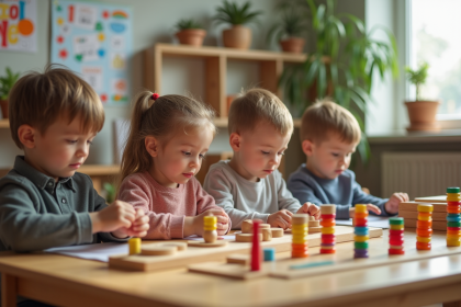 Groupe d'enfants en activité Montessori en classe