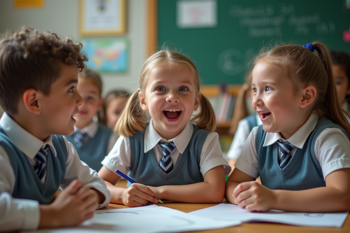 Enfants en uniforme en activité dans une classe scolaire