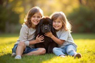 Deux enfants dans un jardin ensoleille avec un chiot Newfoundland