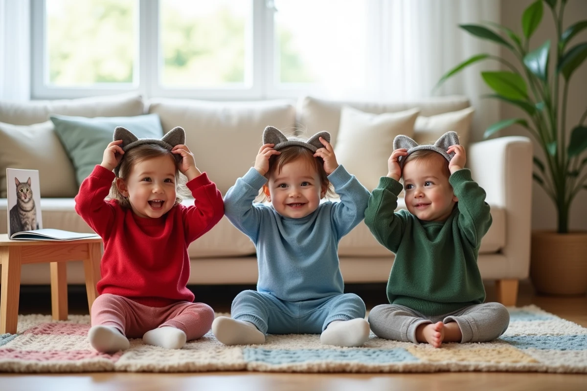 Trois enfants en bas âge mimant les gestes de la comptine 3 petits chats avec les mains en forme d'oreilles de chat sur un tapis coloré