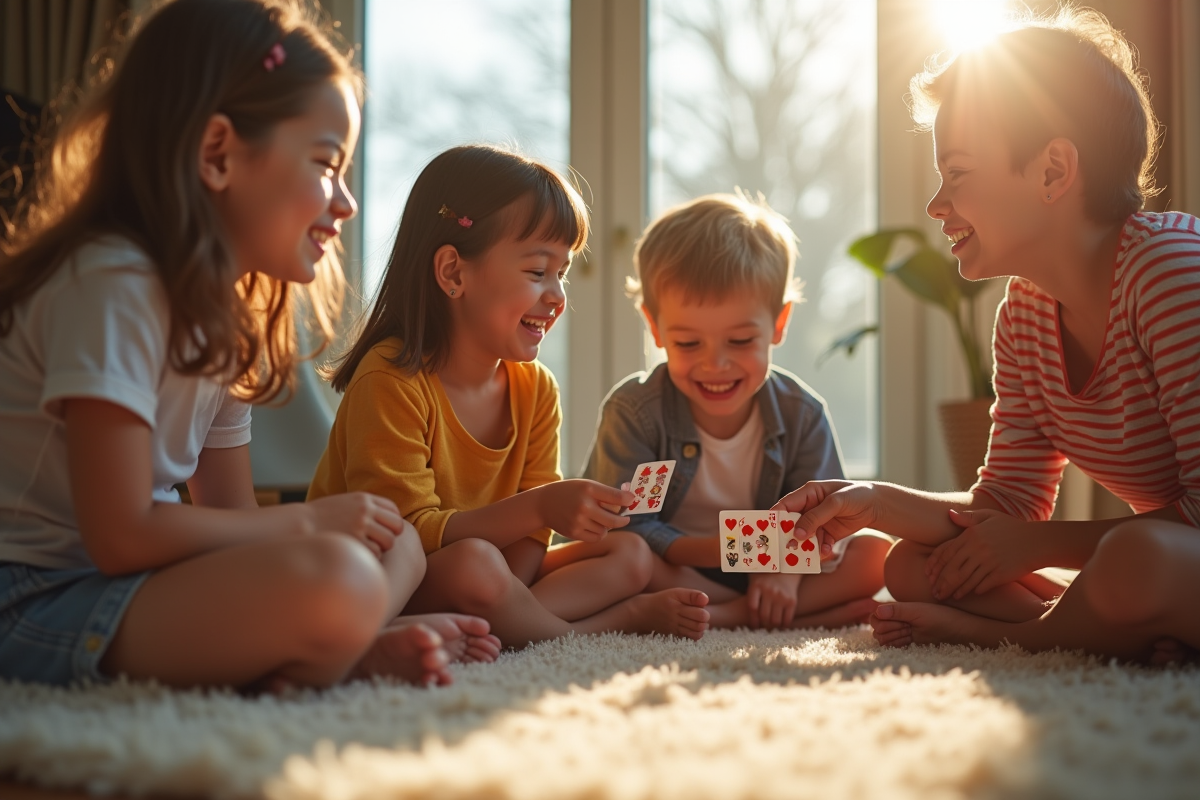 Enfants et adultes jouant à un jeu de cartes dans le salon