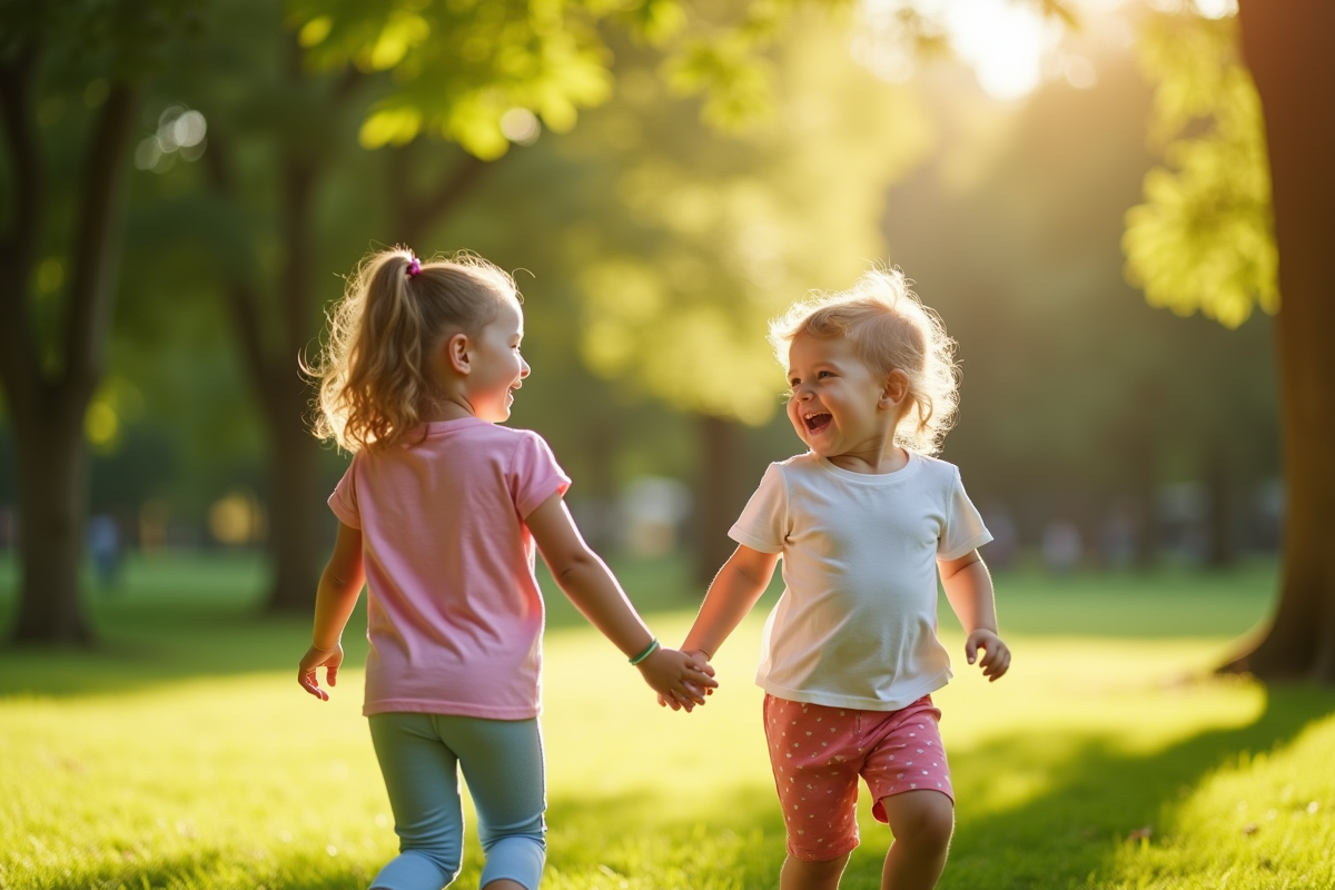 Deux enfants jouant dans un parc ensoleille