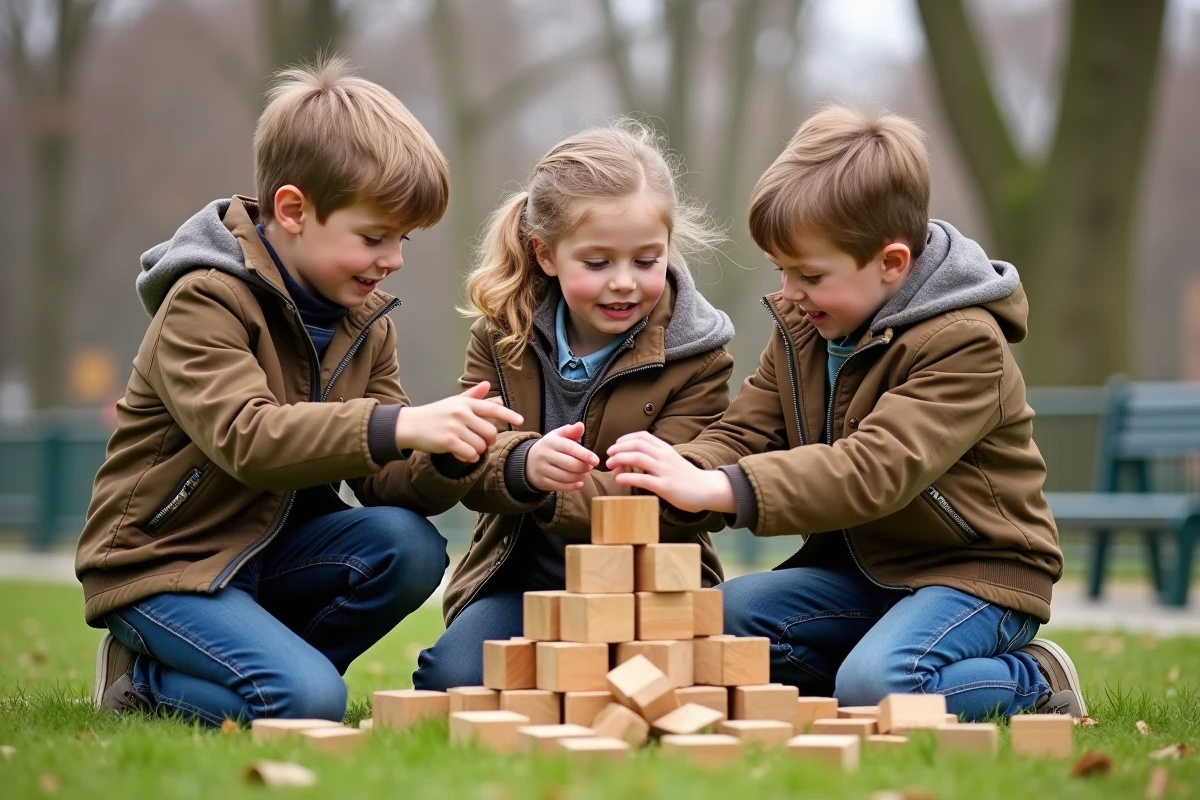 Trois enfants construisent une structure en bois dans un parc urbain