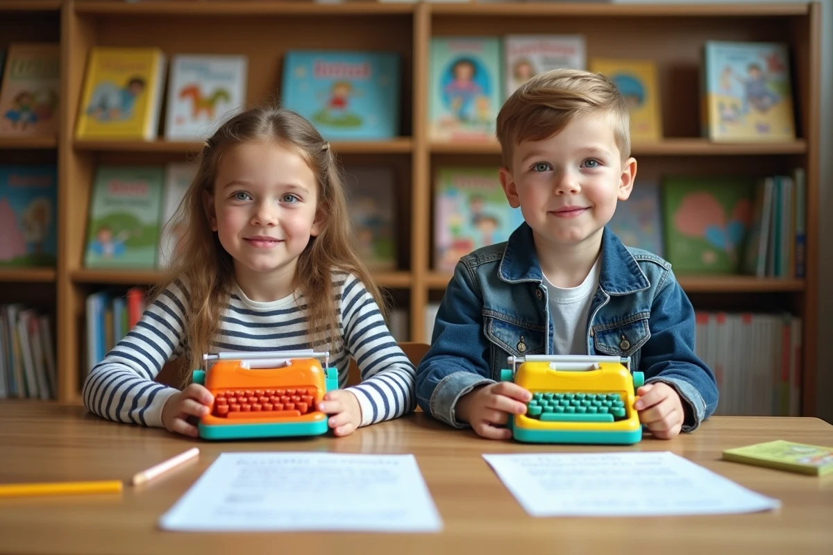 Deux enfants passionnés de lecture tapant sur des machines à écrire jouets colorées dans une petite bibliothèque