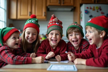 Enfants en pyjamas d'hiver rieurs dans la cuisine familiale