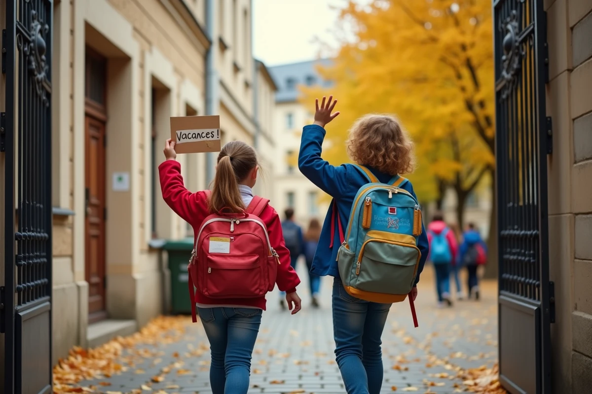 Enfants sortant de l'école avec leurs cartables lors du début des vacances scolaires zone B 2026