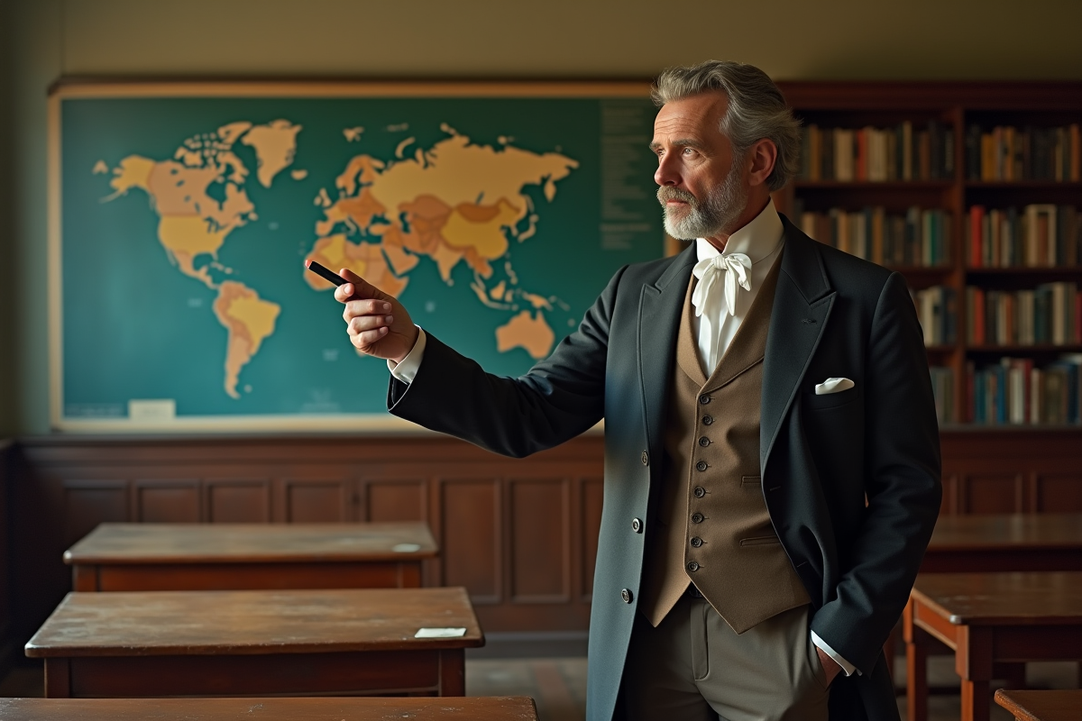 Professeur d'époque dans une salle ancienne avec tableau et cartes