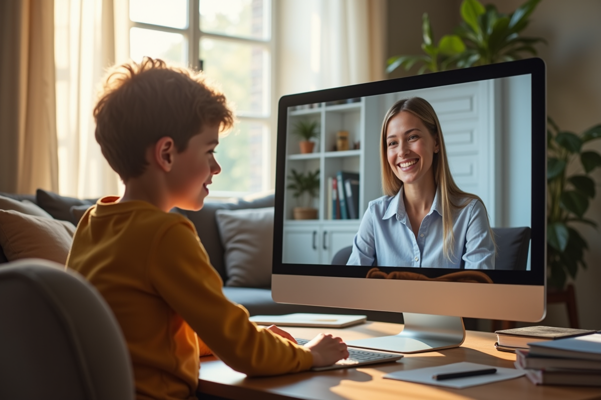 Enseignante souriante en visioconference avec un enfant dans un salon lumineux