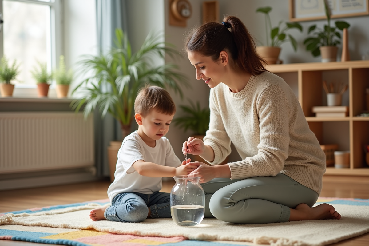 Jeune enseignante aidant un enfant à verser de l