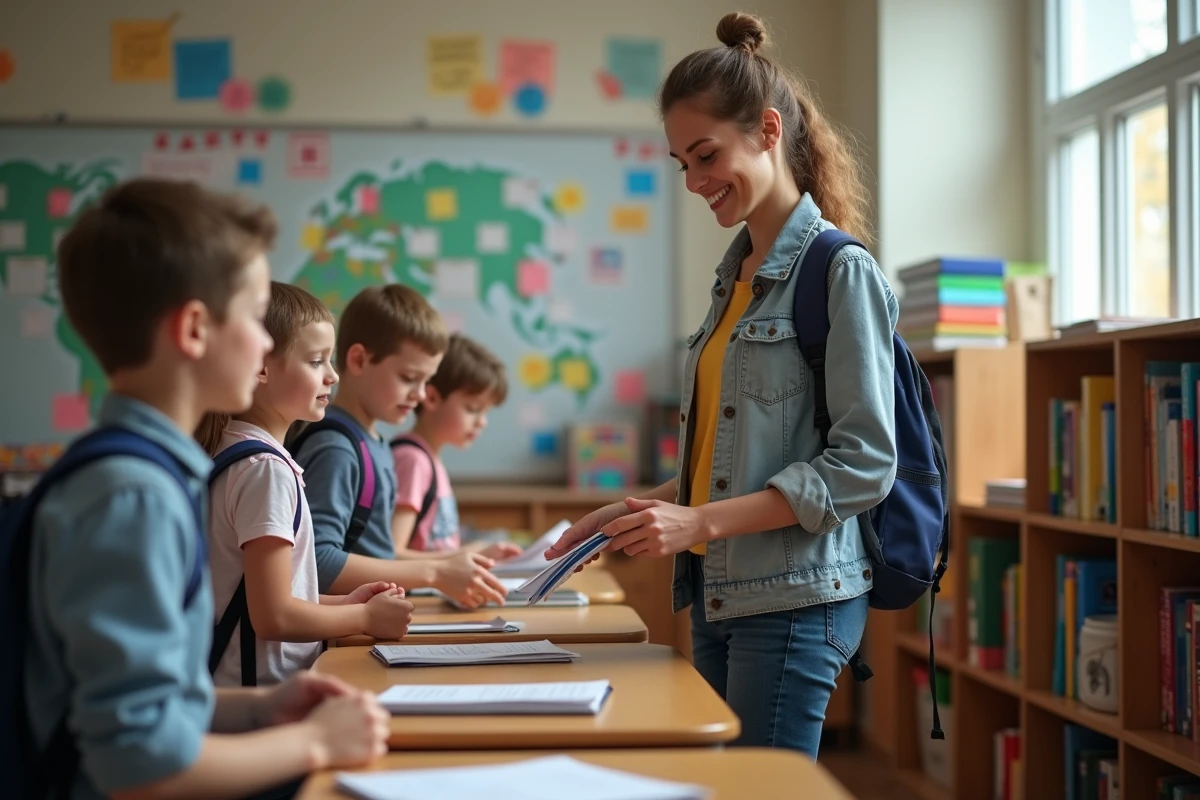 Enseignante distribuant fournitures scolaires aux élèves