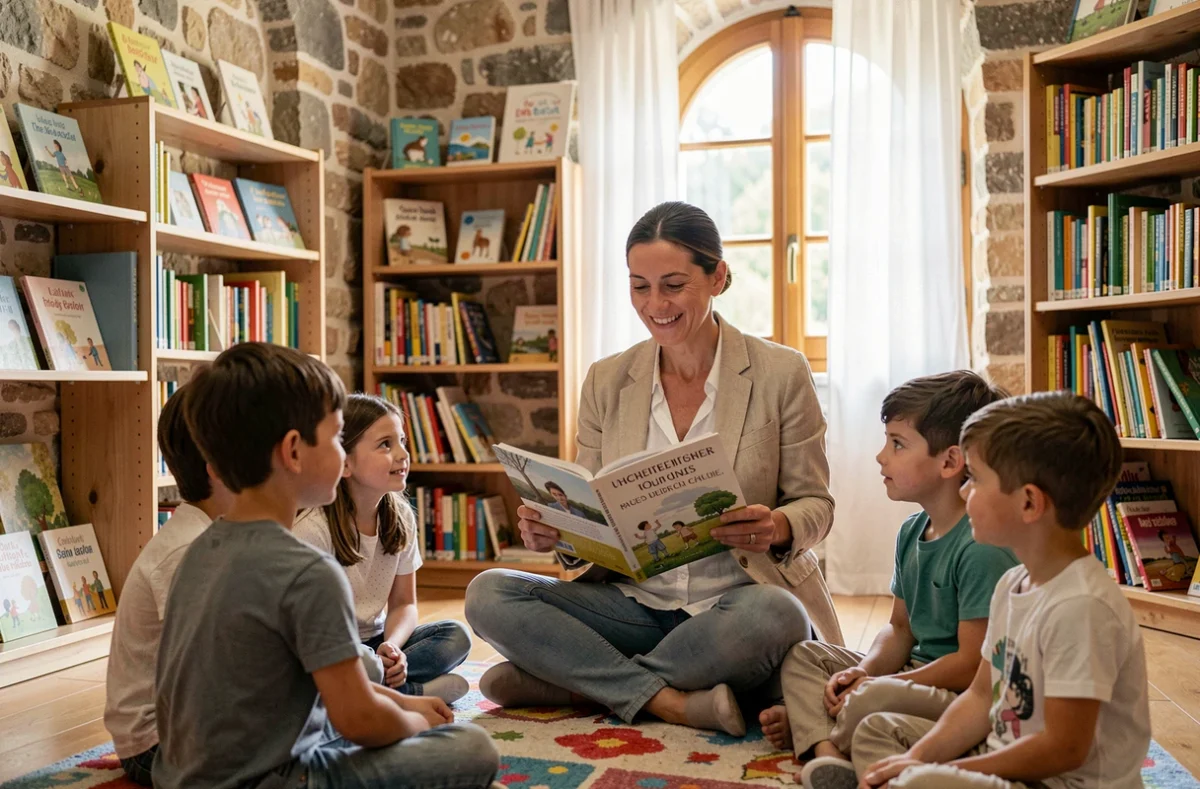 Enseignante d'une école bilingue en Côte d'Azur lisant un livre bilingue à ses élèves dans une bibliothèque scolaire