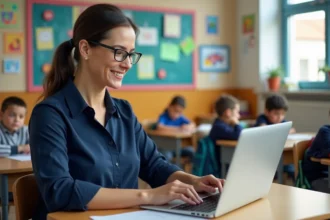 Enseignante utilisant un cartable numérique sur son ordinateur portable dans une salle de classe organisée et sereine