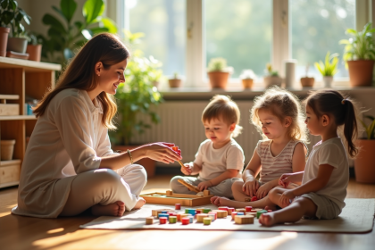 Enseignante Montessori assise avec enfants dans une salle lumineuse