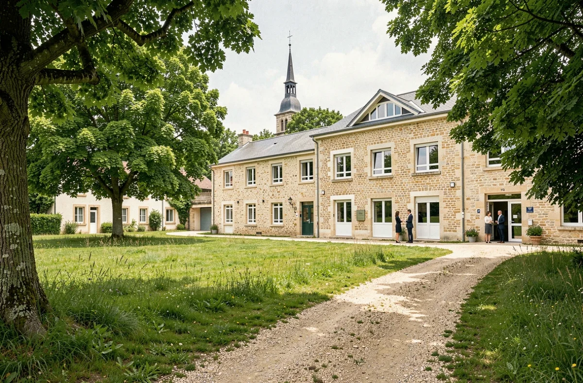 Campus de l'Ensemble scolaire Saint-Martin du Val d'Erdre à Nort-sur-Erdre entouré de prairies vertes
