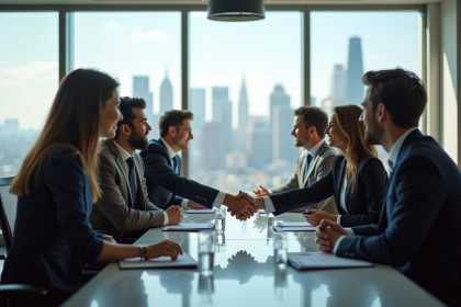 Groupe de professionnels en réunion d'affaires avec skyline