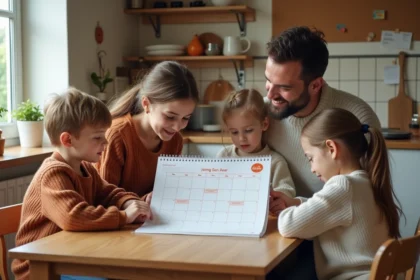 Famille française autour d'une table de cuisine consultant un calendrier des vacances scolaires zone B 2026