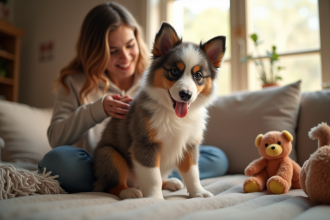 Famille aimante caressant un chiot Australian Shepherd dans un salon lumineux
