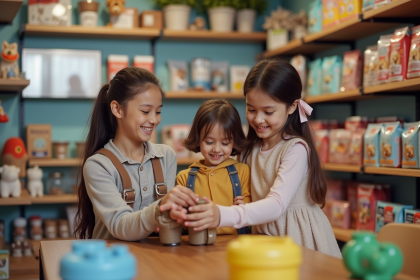 Famille heureuse choisissant des produits pour animaux dans un magasin moderne