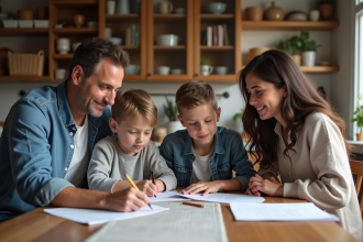 Famille de quatre autour d'une table de cuisine à la maison