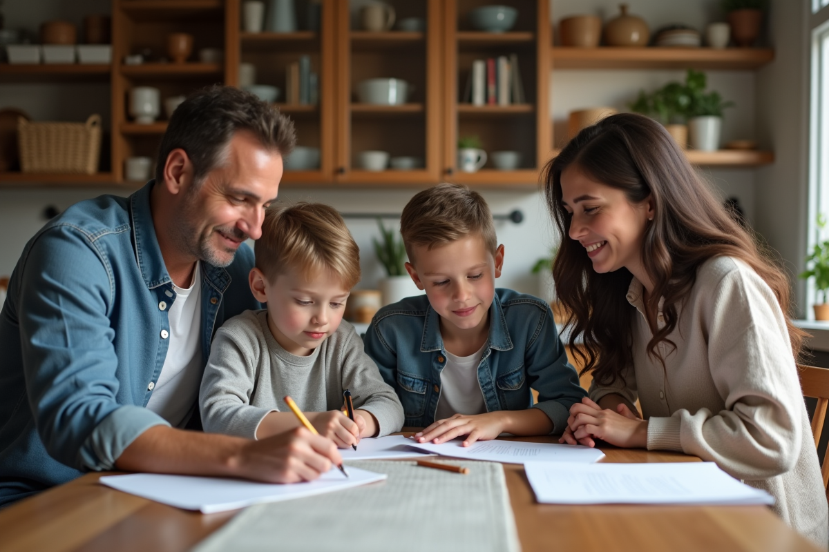 Famille de quatre autour d'une table de cuisine à la maison
