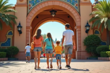 Famille enthousiaste devant l'entrée principale de PortAventura Park lors d'une journée estivale en 2026