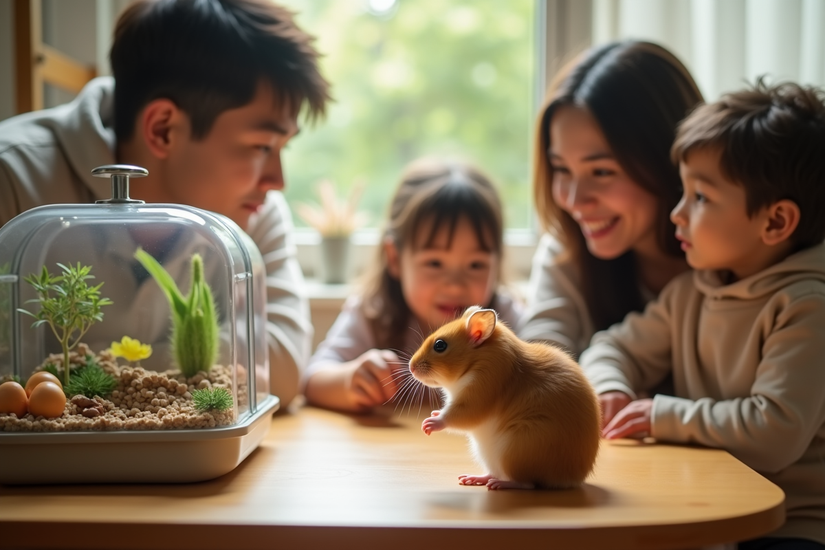 Famille observant un hamster russe dans sa cage lumineuse