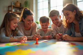 Famille heureuse jouant à un jeu de société lumineux