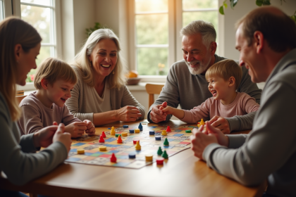 Famille multigenerational jouant à des jeux de société autour d'une table