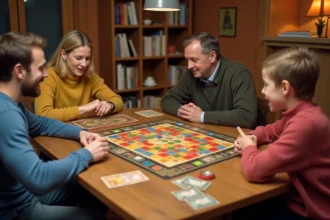 Famille jouant à Bonne Paye autour d'une table en bois avec plateau de jeu et billets colorés