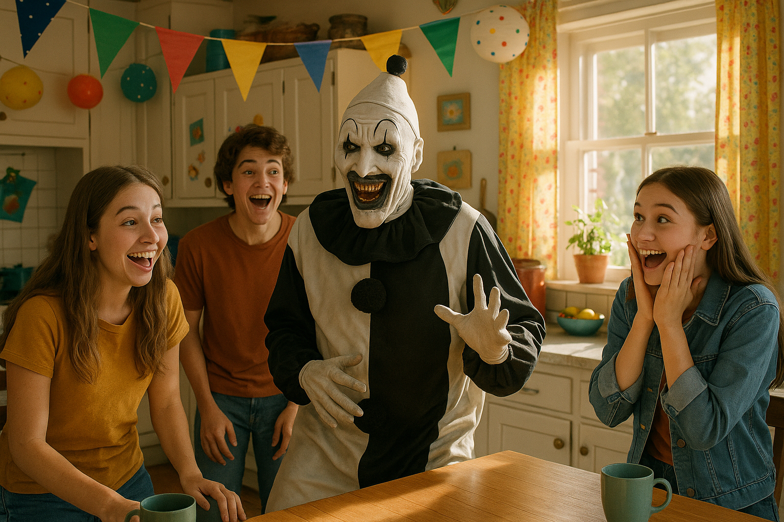 Famille dans la cuisine avec un parent déguisé en Art the Clown