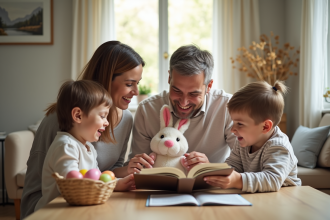 Famille souriante autour d'une table avec lapin en peluche et œufs colorés