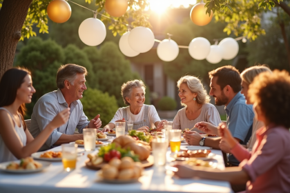 Famille multigenerational partageant un repas en plein air