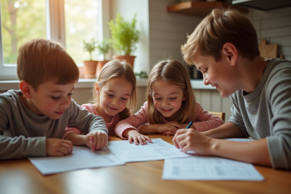 Famille souriante réunie à la table de cuisine pour examiner des papiers