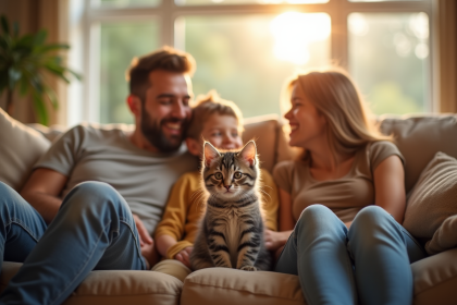 Famille souriante dans le salon avec un chaton British Shorthair