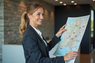 Femme d affaires souriante pointant une carte des agences MAE à Paris