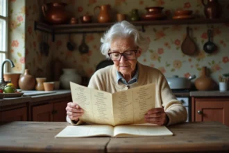 Femme âgée consultant un arbre généalogique avec des prénoms anciens français dans une cuisine rustique