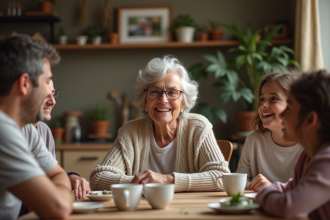 Femme agee souriante avec famille dans la cuisine chaleureuse