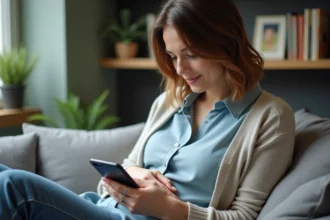 Femme dans un salon parisien contemplant son smartphone