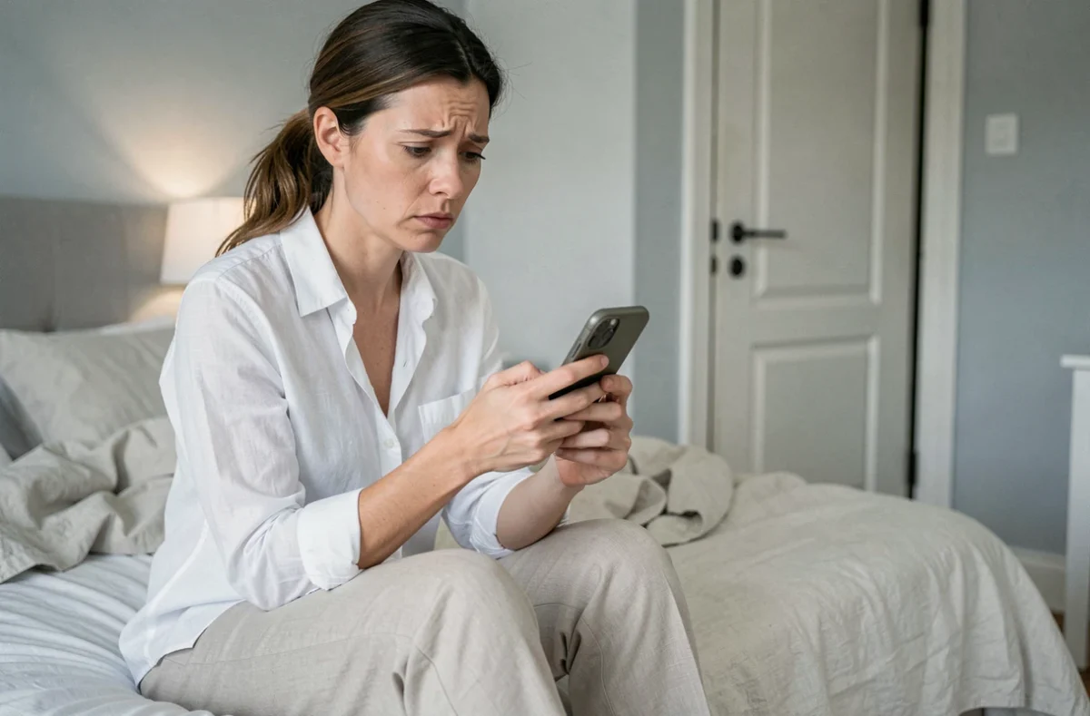 Femme assise sur le bord d'un lit tenant son téléphone avec inquiétude, attendant un message de son partenaire absent, illustrant l'anxiété liée à une relation avec un homme au comportement évitant